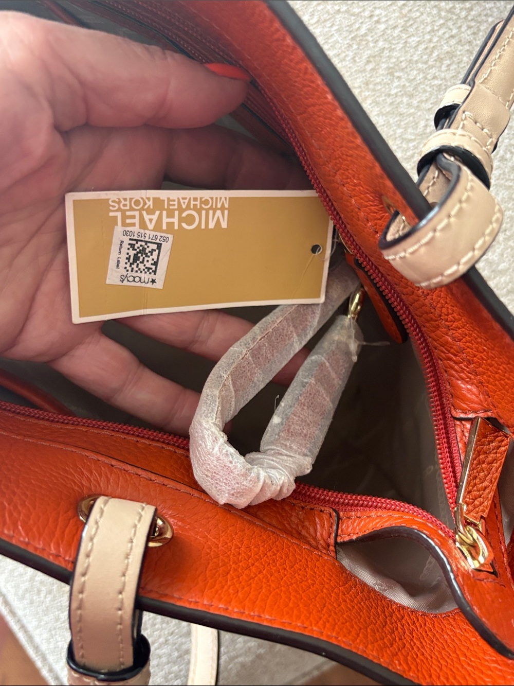 Michael Kors Orange Pebbled Leather shoulder bag with Cream Handles - Picture 8 of 11